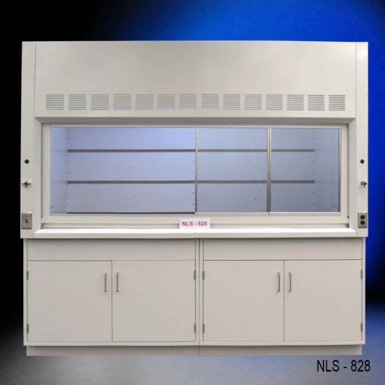 Front view of an 8 Foot x 4 Foot Fisher American Fume Hood with two general storage cabinets