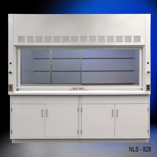 Front view of an 8 Foot x 4 Foot Fisher American Fume Hood with two general storage cabinets