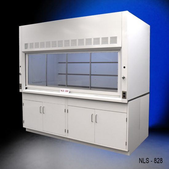 Angled view of an 8 Foot x 4 Foot Fisher American Fume Hood with two general storage cabinets