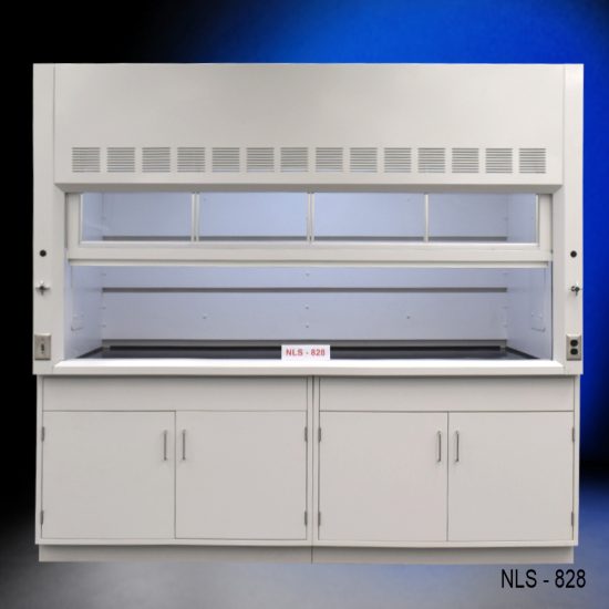 Front view of an 8 Foot x 4 Foot Fisher American Fume Hood with two general storage cabinets. Sash is partially closed.