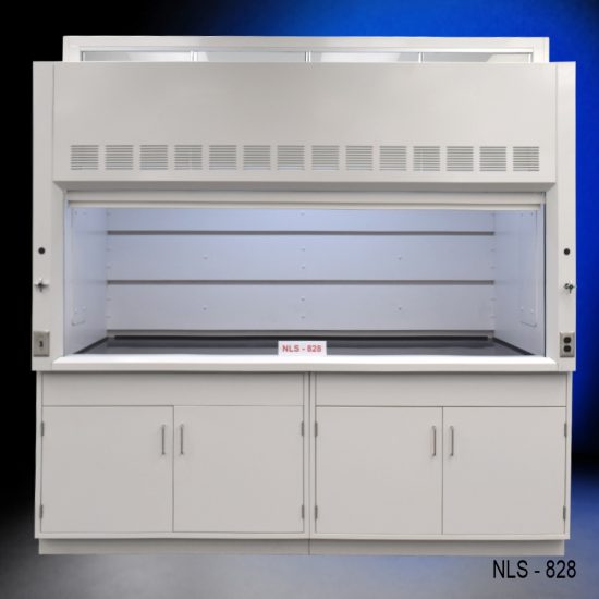 Front view of an 8 Foot x 4 Foot Fisher American Fume Hood with two general storage cabinets. Sash is fully open.