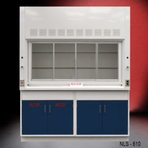 Front of 6′ Fisher American Fume Hood w/ Blue Acid & General Storage