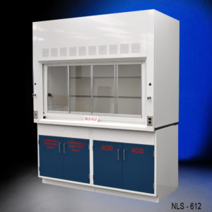 Front angled side view of 6′ Fisher American Fume Hood w/ Flammable & Acid Storage