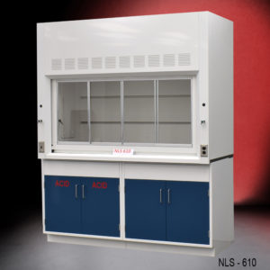 6′ Fisher American Fume Hood w/ Blue Acid & General Storage front angle
