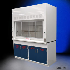 Angle view of 6′ Fisher American Fume Hood w/ Flammable & Acid Storage from side