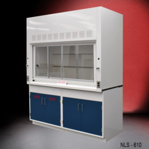 6′ Fisher American Fume Hood w/ Blue Acid & General Storage angle view