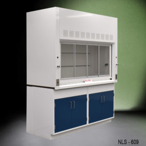 Alt Angled View of 6′ Fisher American Fume Hood w/ Blue Storage Cabinets