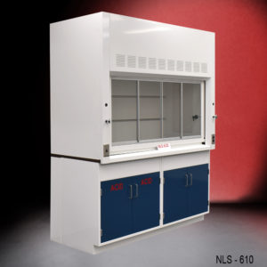 Side angle view #2 of 6′ Fisher American Fume Hood w/ Blue Acid & General Storage