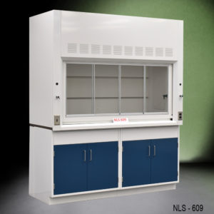 Angled View of 6′ Fisher American Fume Hood w/ Blue Storage Cabinets