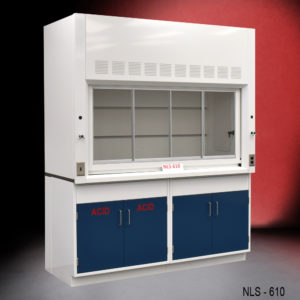 Angled Front View of 6′ Fisher American Fume Hood w/ Blue Acid & General Storage