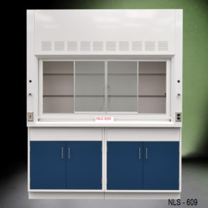 Front of 6′ Fisher American Fume Hood w/ Blue Storage Cabinets