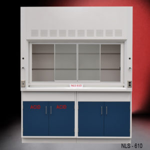 6' Fisher American Laboratory Fume Hood with two blue acid storage cabinets and two blue storage cabinets.