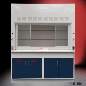 Front of 6′ Fisher American Fume Hood w/ Blue Acid & General Storage
