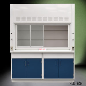 6′ Fisher American Fume Hood w/ Blue Storage Cabinets front
