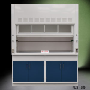 Front view of NLS609 Fume Hood With Blue Storage Cabinets