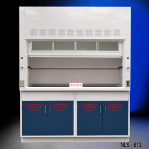 Partly open 6′ Fisher American Fume Hood w/ Flammable & Acid Storage