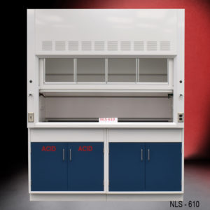 Front view of 6′ Fisher American Fume Hood w/ Blue Acid & General Storage