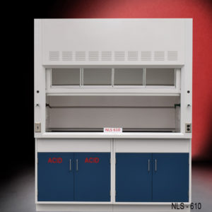 6' Fisher American Laboratory Fume Hood with two blue acid storage cabinets and two blue storage cabinets.