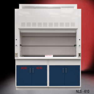 Front of 6′ Fisher American Fume Hood w/ Blue Acid & General Storage