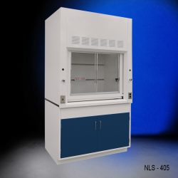 Anlged view of a 4 foot Fisher American fume hood with one general storage cabinet that has blue doors and silver handles.