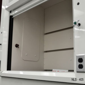 Fume hood with vertical sash and storage cabinets.