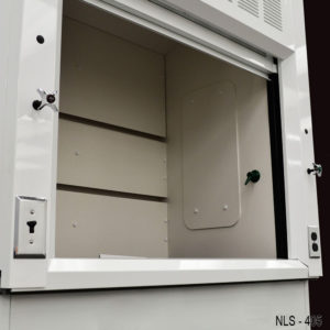 Inside 4′ Fisher American Fume Hood w/ Blue Base Cabinets