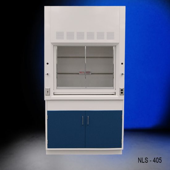 Front view of a 4 foot Fisher American fume hood with one general storage cabinet that has blue doors and silver handles.