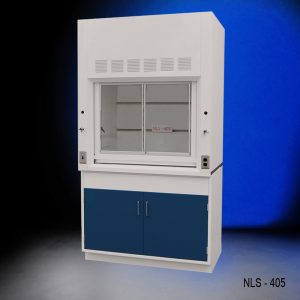 Front view of a 4 foot Fisher American fume hood with one general storage cabinet that has blue doors and silver handles.
