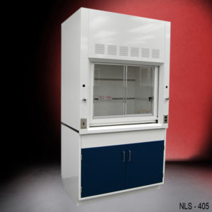 Side of 4′ Fisher American Fume Hood w/ Blue Base Cabinets