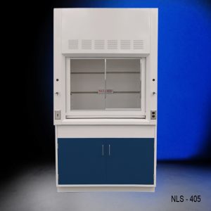 Front view of a 4 foot Fisher American fume hood that has one gas valve and general storage cabinet.