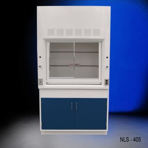 Front view of a 4 foot Fisher American fume hood that has a light on/off switch, 1 AC power plug, 1 cold water valve