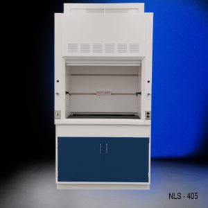 Front view of a 4 foot Fisher American fume hood that has a light on/off switch, one AC power plug, one cold water valve