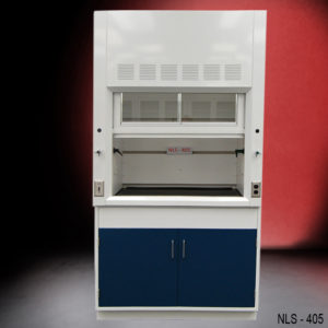 4′ Fisher American Fume Hood w/ Blue Base Cabinets Front View Partially Open