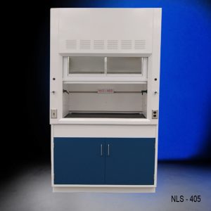 Front view of a 4 foot Fisher American fume hood that has 1 Vertical Sliding Sash Door with 2 horizontal sliding glass windows