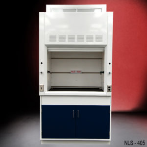 Open Front View of 4′ Fisher American Fume Hood w/ Blue Base Cabinets
