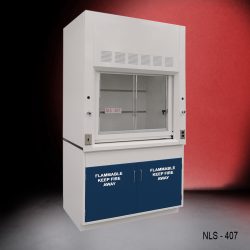 Front view of 4 Foot Fisher American Fume Hood with two flammable storage cabinets