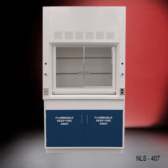 Front view of 4 Foot Fisher American Fume Hood with two flammable storage cabinets