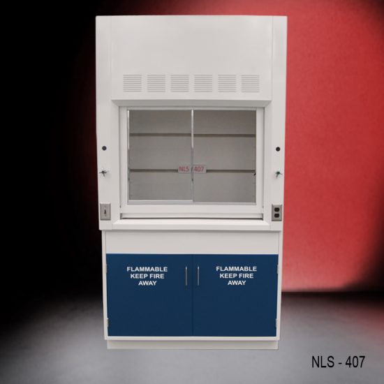 Front view of 4 Foot Fisher American Fume Hood with two flammable storage cabinets