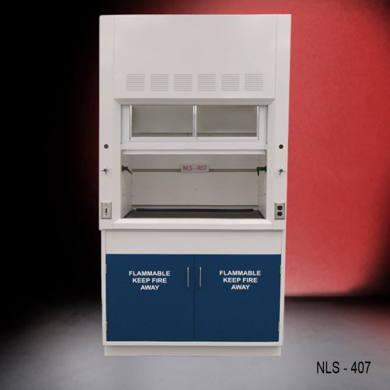 Front view of 4 Foot Fisher American Fume Hood with two flammable storage cabinets. Sash is open.