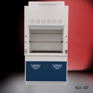 Front view of 4 Foot Fisher American Fume Hood with two flammable storage cabinets