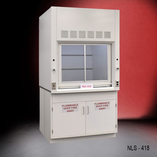 4 x 4 Fisher American Fume Hood w/ Flammable Storage left front corner view