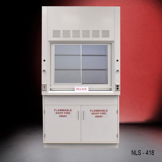 4′ x 4' Fisher American Fume Hood w/ Flammable Storage front doors to the left side view