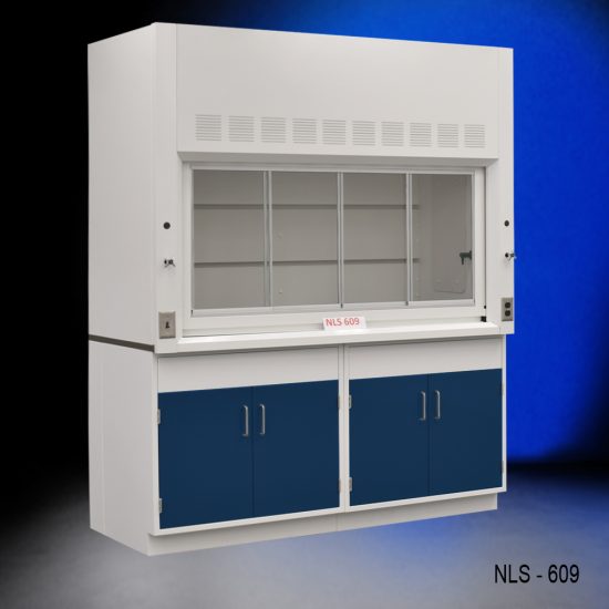 Angled view of a 6 foot x 4 foot Fisher American fume hood with two general storage cabinets that have blue doors and silver handles.