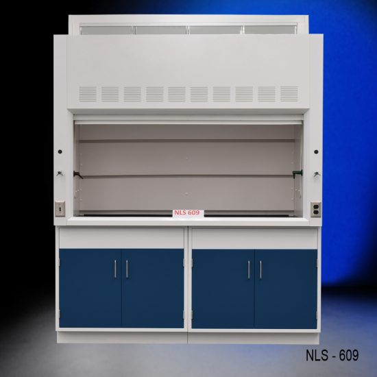 Front view of a 6 foot x 4 foot Fisher American fume hood with two general storage cabinets that have blue doors and silver handles.