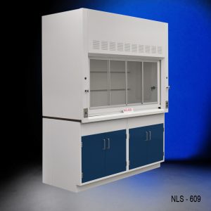 Angled view of a 6 foot x 4 foot Fisher American fume hood with two general storage cabinets that have blue doors and silver handles.