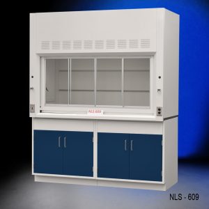 Front view of a 6 foot x 4 foot Fisher American fume hood with two general storage cabinets that have blue doors and silver handles.