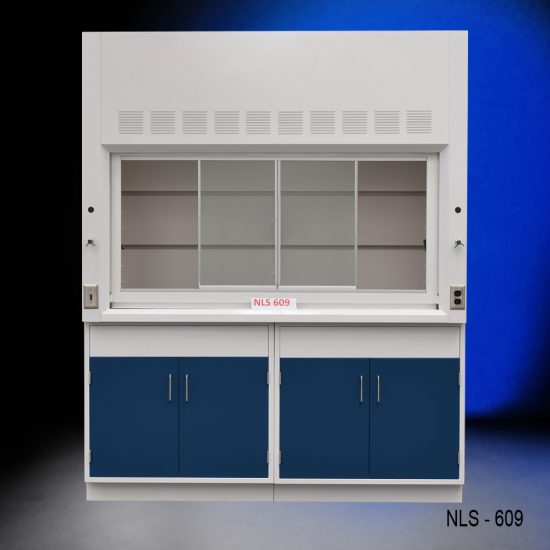 Front view of a 6 foot x 4 foot Fisher American fume hood with two general storage cabinets that have blue doors and silver handles.