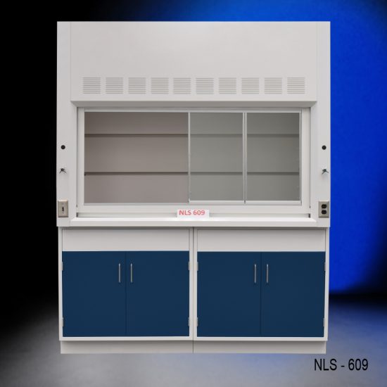 Front view of a 6 foot x 4 foot Fisher American fume hood with two general storage cabinets that have blue doors and silver handles.