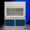 Front view of a 6 foot x 4 foot Fisher American fume hood with two general storage cabinets that have blue doors and silver handles.