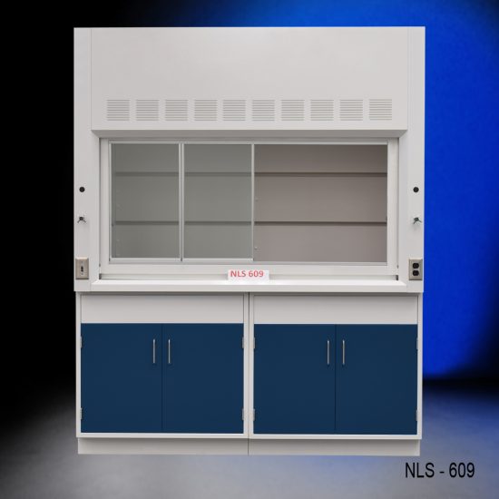 Front view of a 6 foot x 4 foot Fisher American fume hood with two general storage cabinets that have blue doors and silver handles.